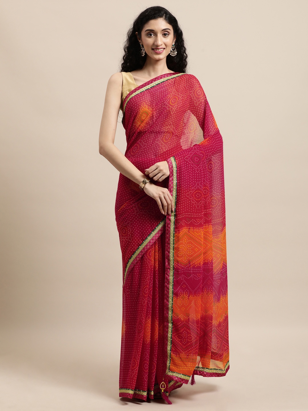 

Triveni Pink & Orange Bandhani Pure Georgette Bandhani Saree