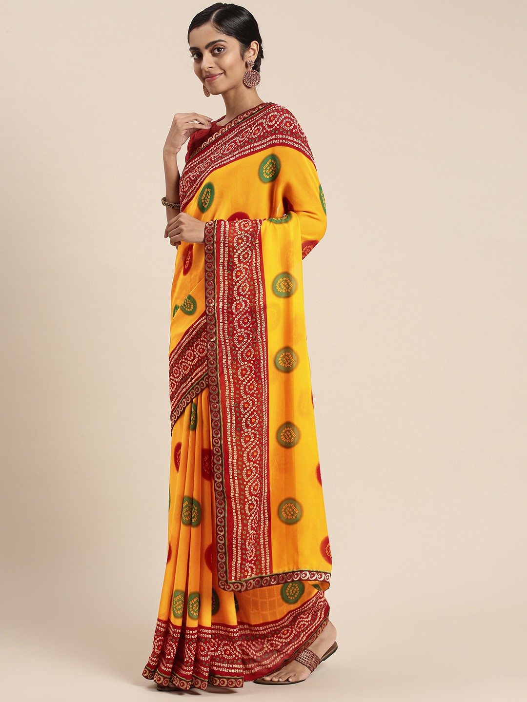 

Triveni Yellow Bandhani Pure Georgette Bandhani Saree