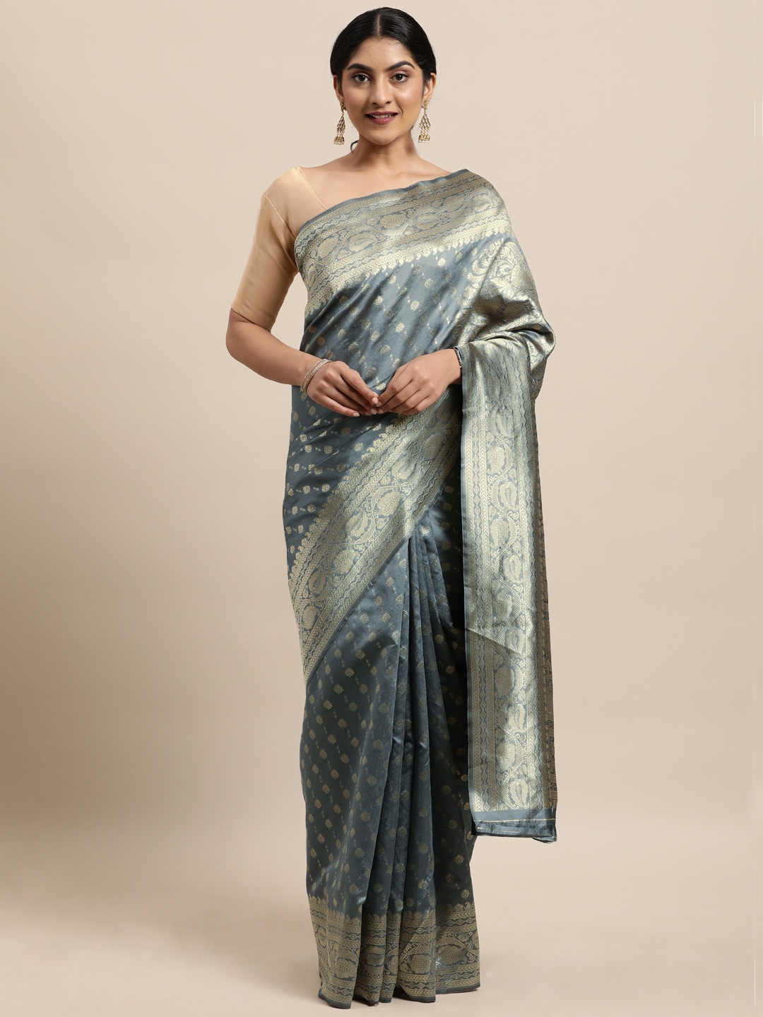 

Triveni Grey Ethnic Motifs Zari Silk Blend Saree