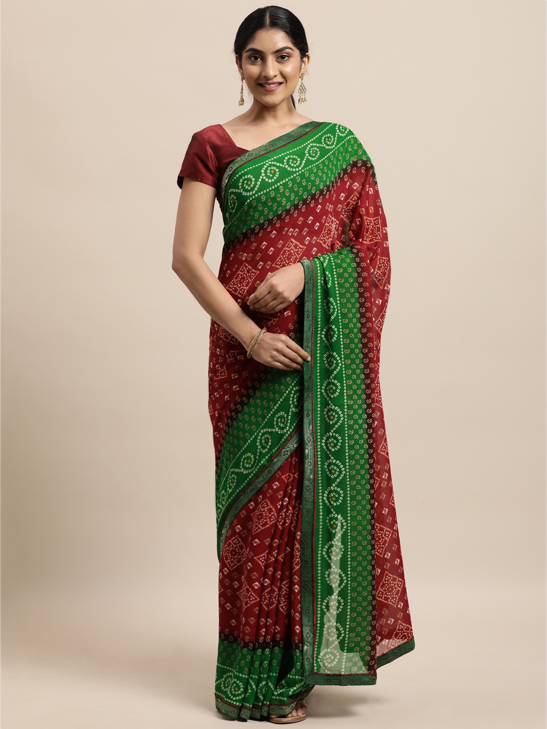 

Triveni Maroon & Green Bandhani Pure Georgette Bandhani Saree