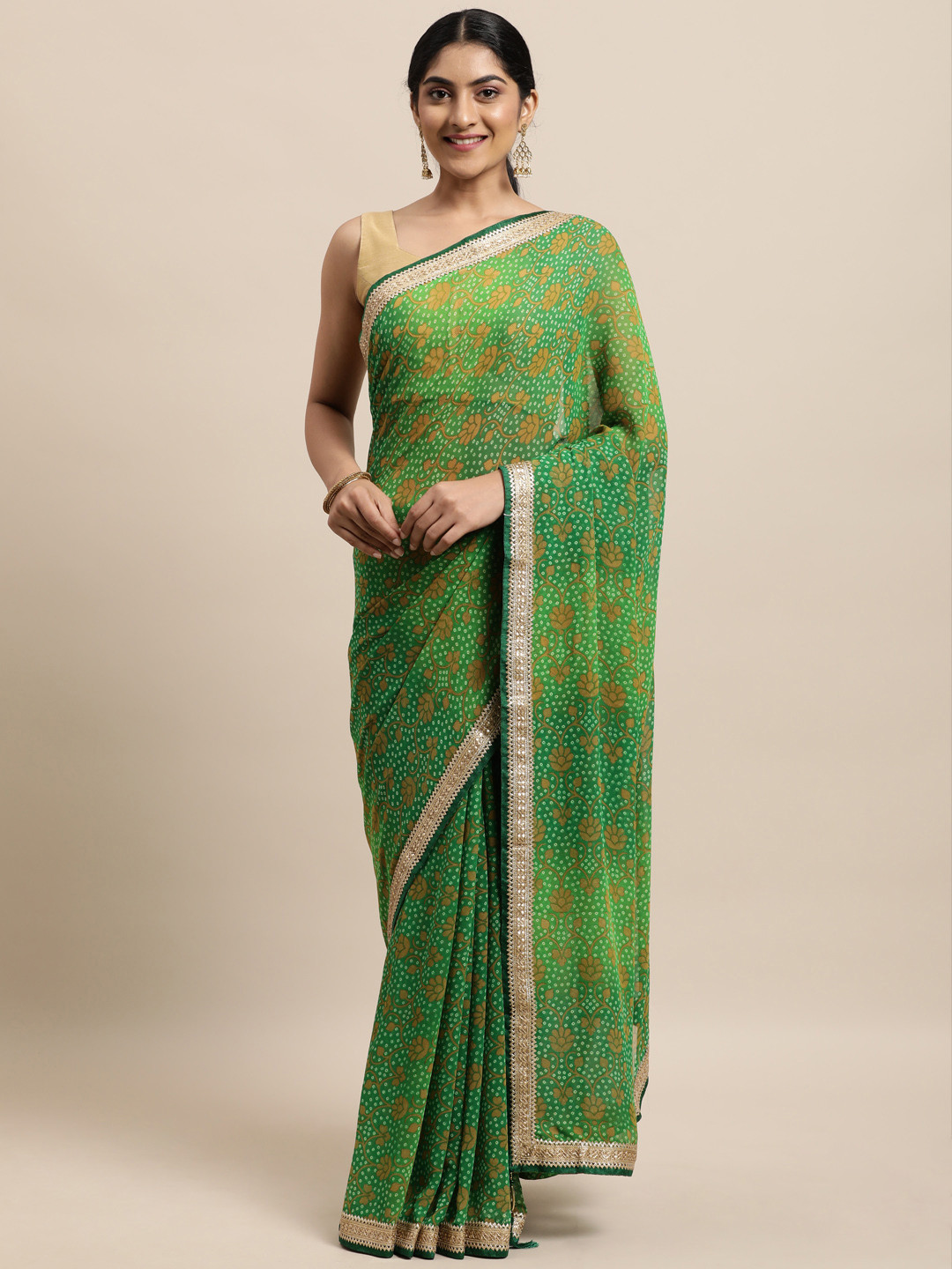 

Triveni Green Bandhani Pure Georgette Bandhani Saree