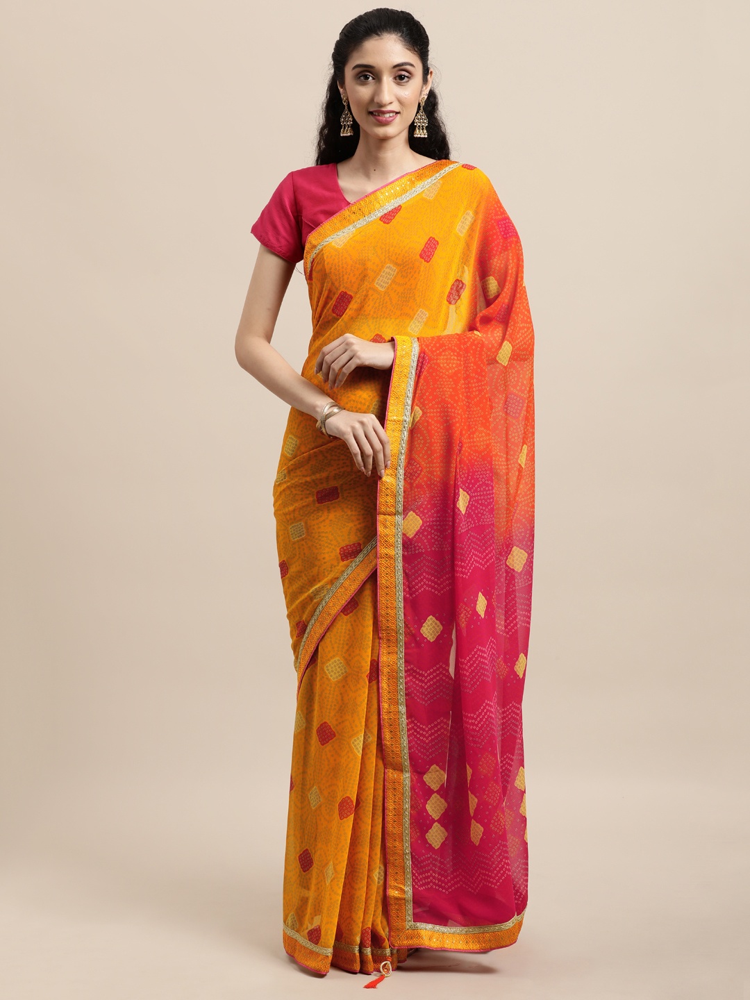 

Triveni Yellow Bandhani Pure Georgette Bandhani Saree
