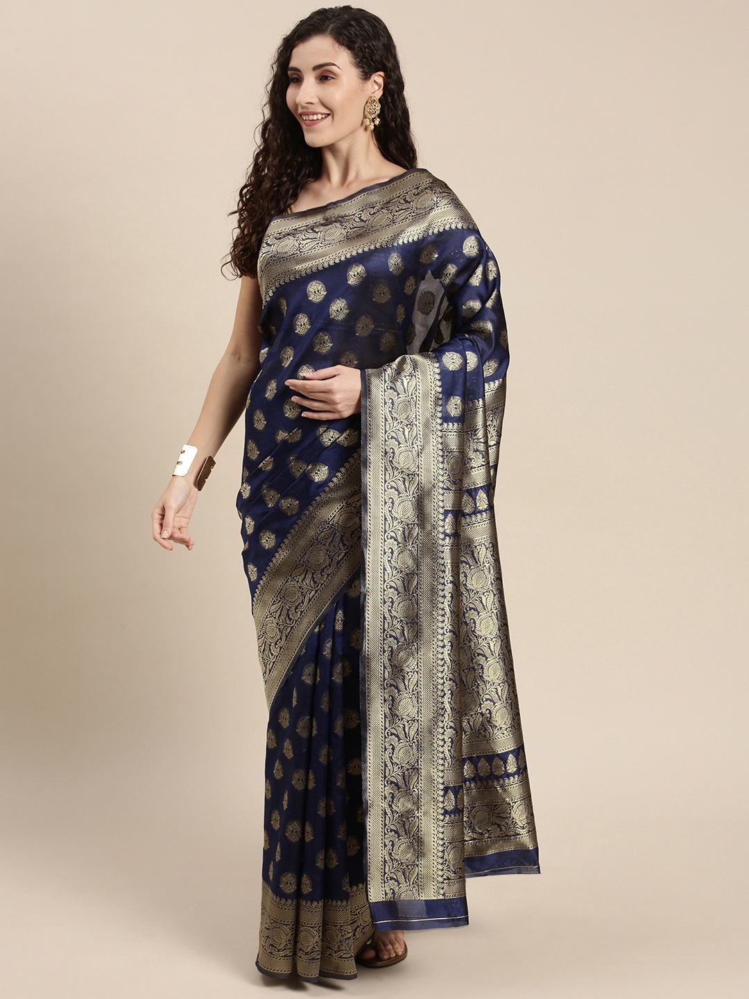 

Triveni Navy Blue Ethnic Motifs Zari Art Silk Saree