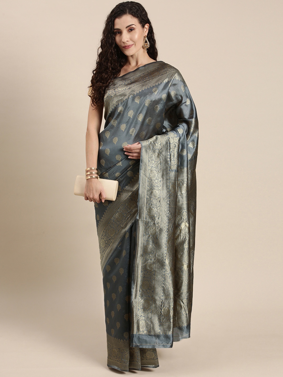 

Triveni Grey Ethnic Motifs Zari Art Silk Saree