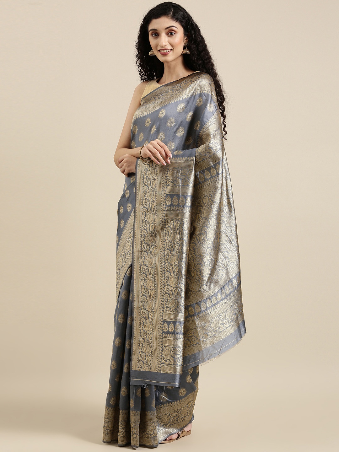 

Triveni Grey Ethnic Motifs Zari Art Silk Saree