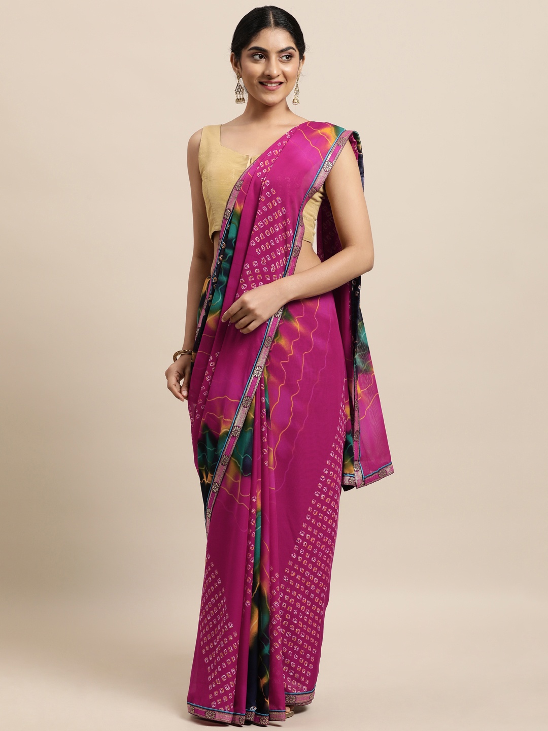 

Triveni Pink Bandhani Pure Georgette Bandhani Saree