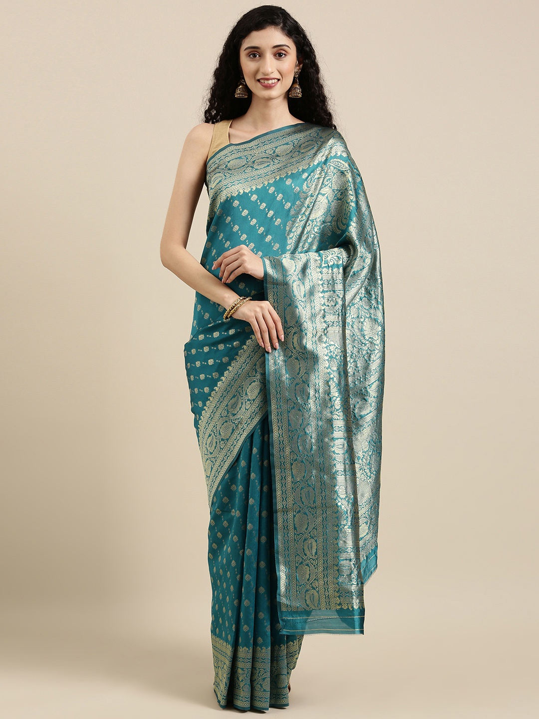 

Triveni Teal & Gold-Toned Woven Design Zari Silk Blend Saree