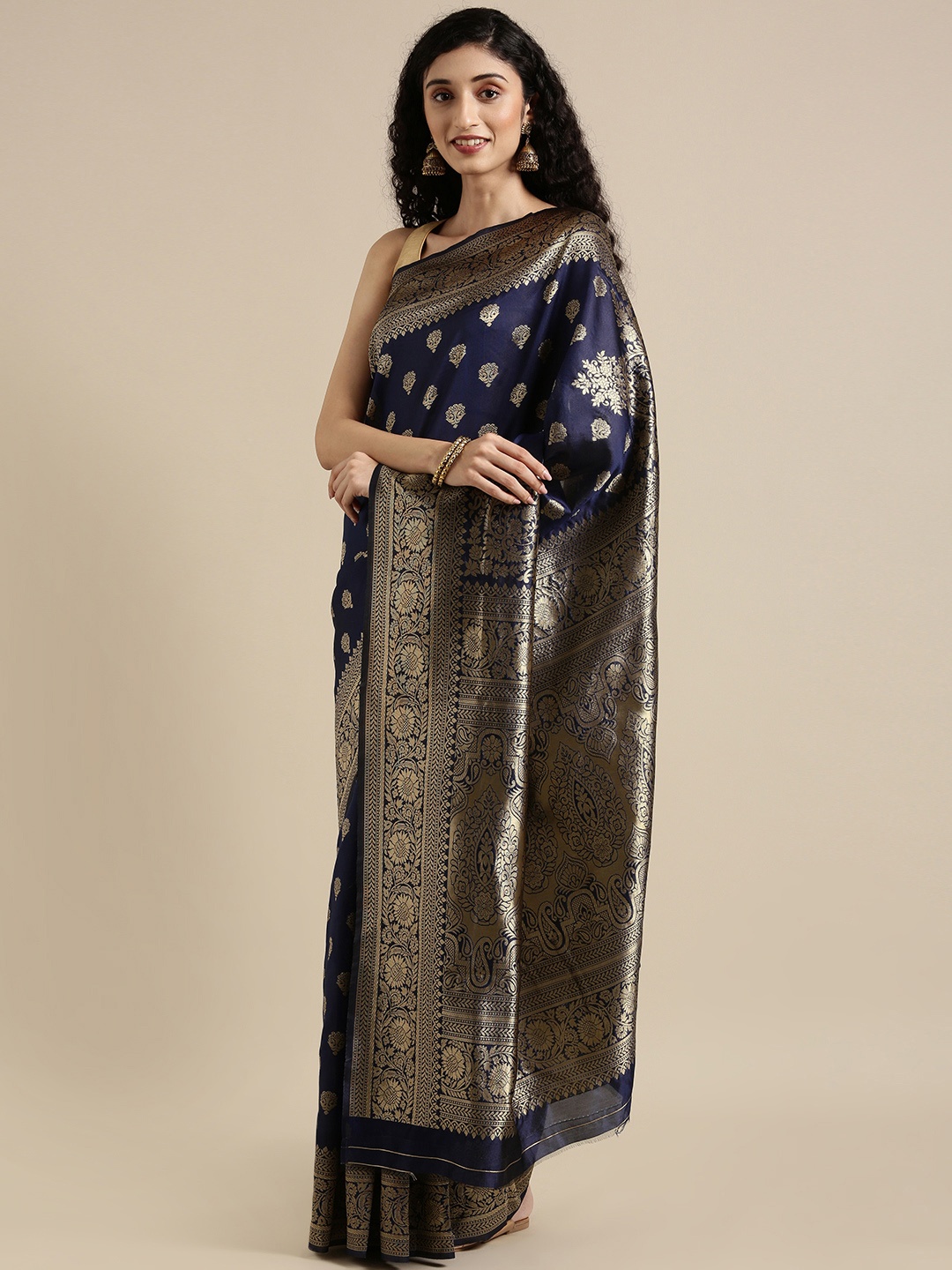 

Triveni Blue & Gold-Toned Woven Design Zari Art Silk Saree