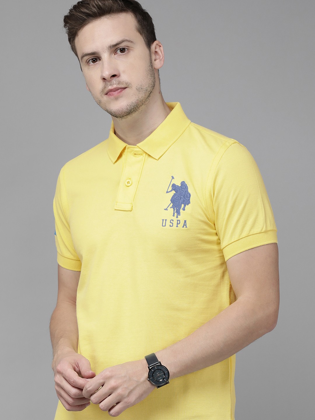 

U S Polo Assn Men Yellow & Blue Brand Logo Printed Polo Collar Slim Fit T-shirt