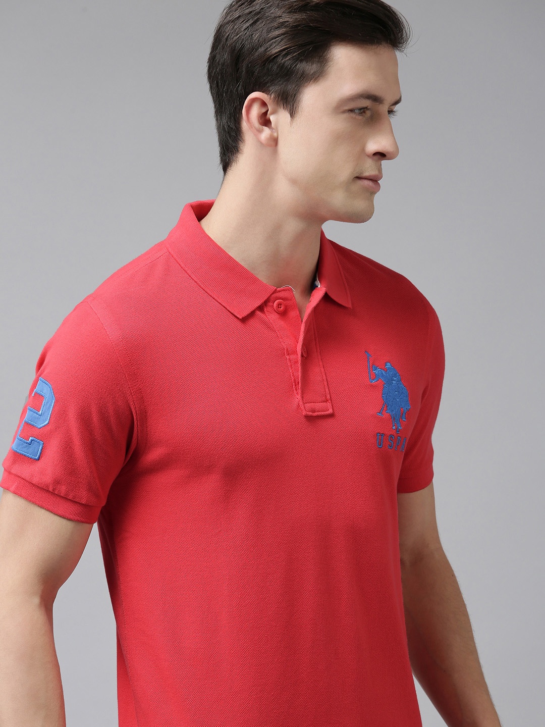 

U S Polo Assn Men Coral Red Embroidered Polo Collar Slim Fit T-shirt