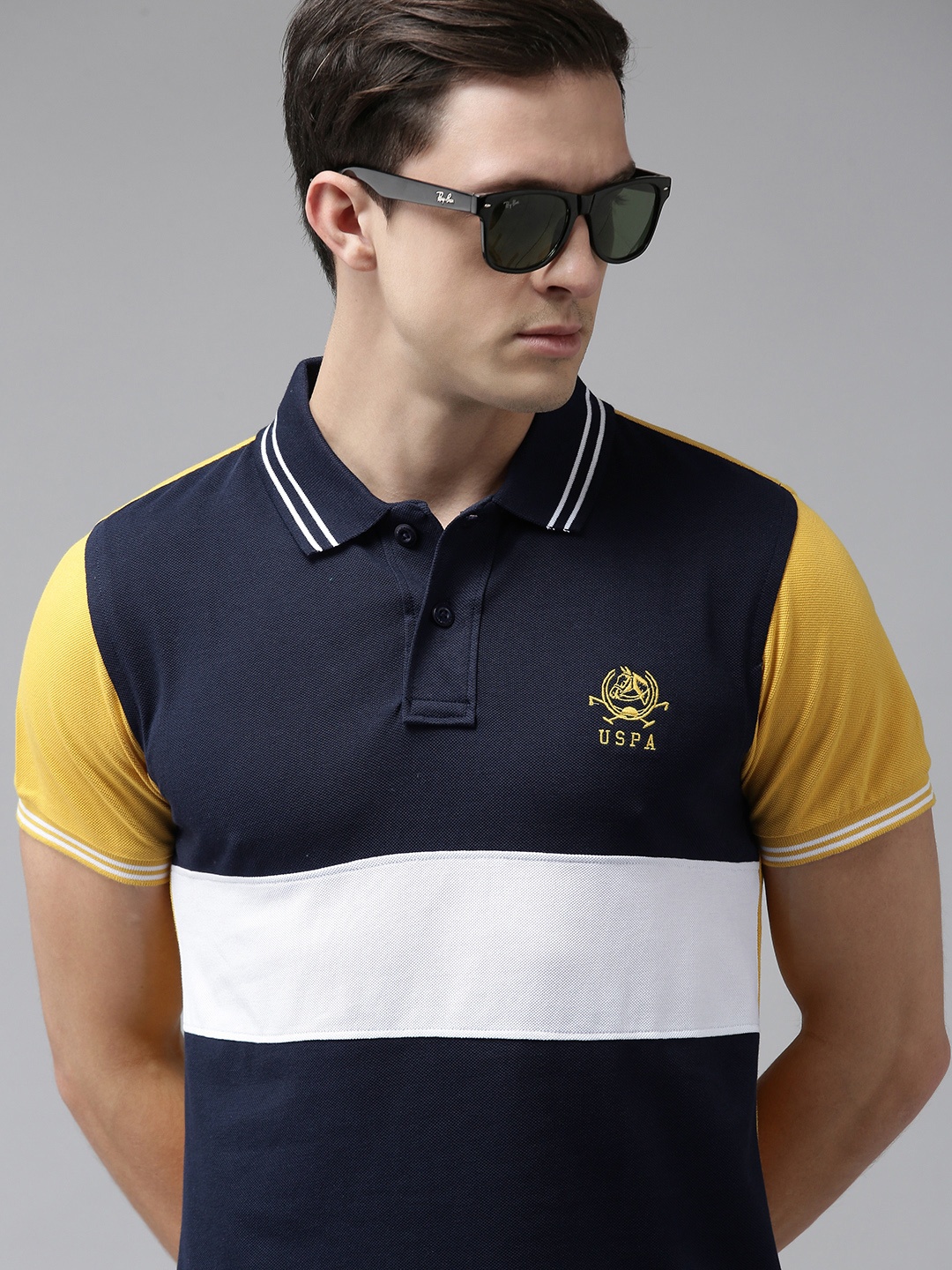 

U S Polo Assn Men Navy Blue & Yellow Colourblocked Polo Collar T-shirt