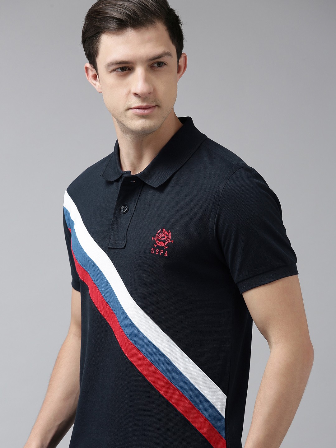 

U S Polo Assn Men Navy Blue Stripe Printed Polo Collar Slim Fit Pure Cotton T-shirt