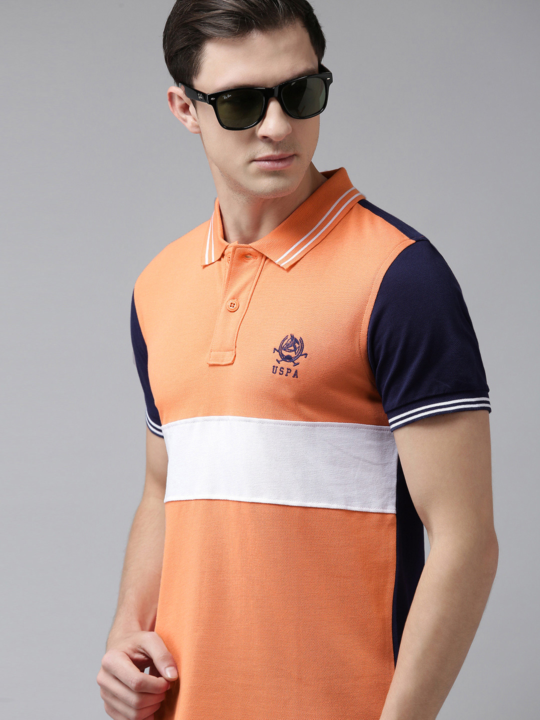 

U S Polo Assn Men Peach-Coloured & Navy Blue Colourblocked Polo Collar T-shirt