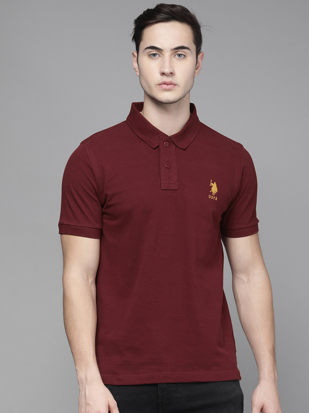 

U S Polo Assn Men Burgundy Solid Polo Collar Pure Cotton Slim Fit T-shirt