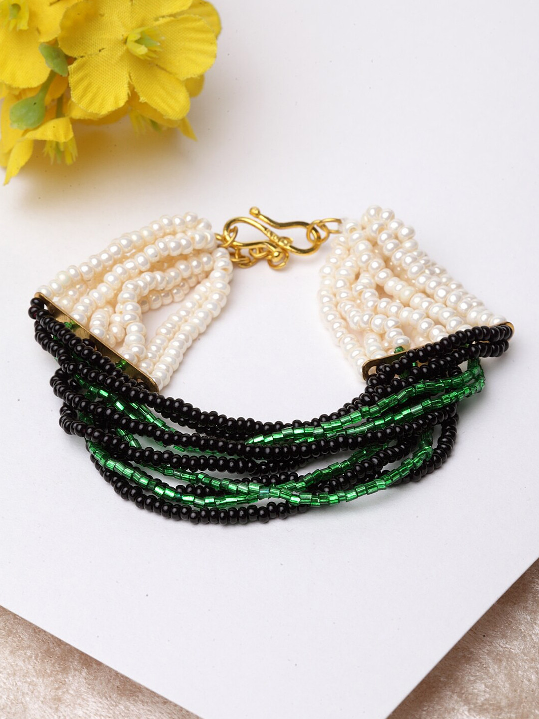 

DUGRISTYLE Men Green & White Gold-Plated Pearl Studded Multistrand Bracelet