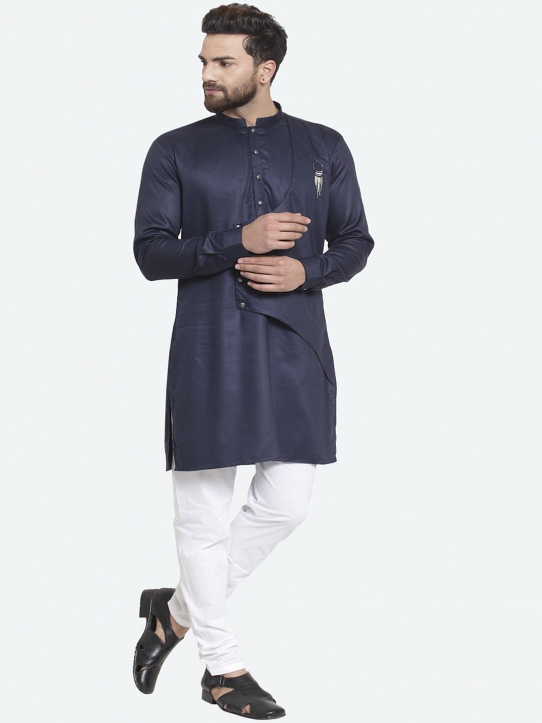 

RG DESIGNERS Men Blue Angrakha Pure Cotton Kurta with Churidar