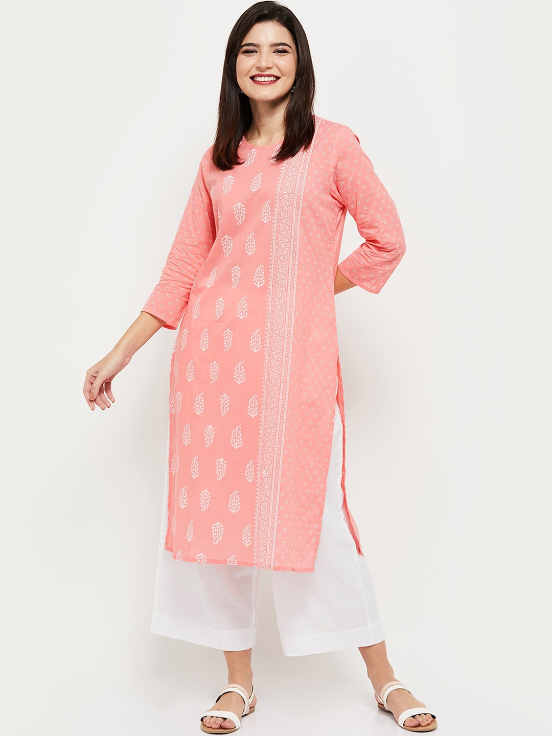 

max Women Peach-Coloured Cotton Ethnic Motifs Embroidered Thread Work Kurta