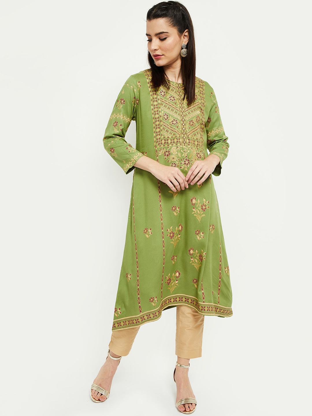 

max Women Lime Green Ethnic Motifs Printed Kurta