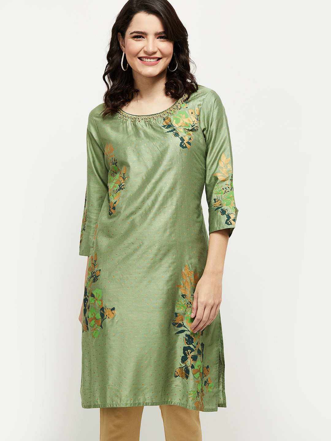 

max Women Green Floral Embroidered Thread Work Kurta
