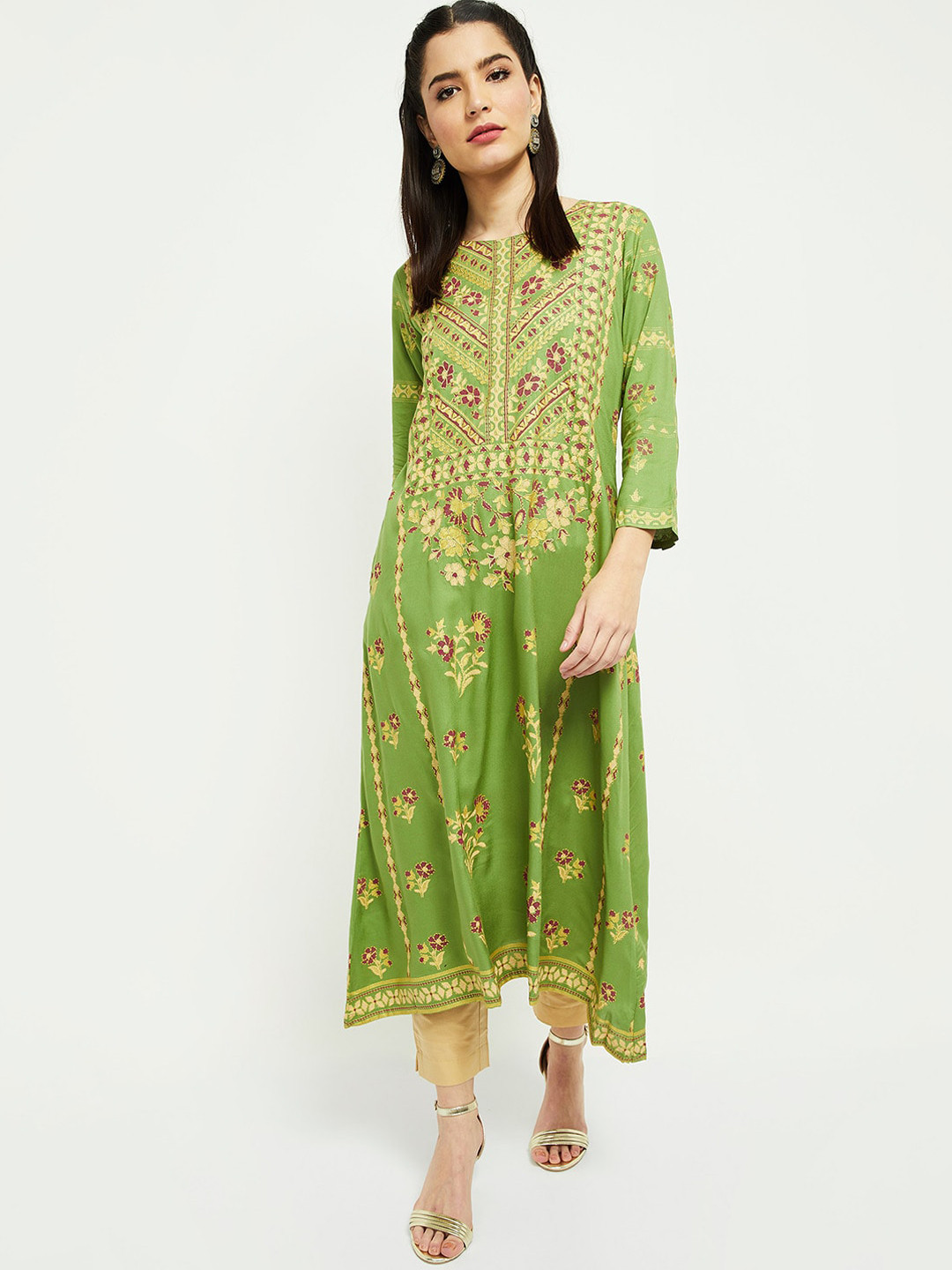 

max Women Lime Green Ethnic Motifs Striped Flared Sleeves Anarkali Kurta