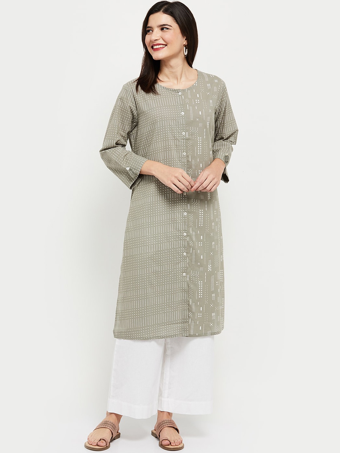 

max Women Grey Striped Flared Sleeves Thread Work Kurta
