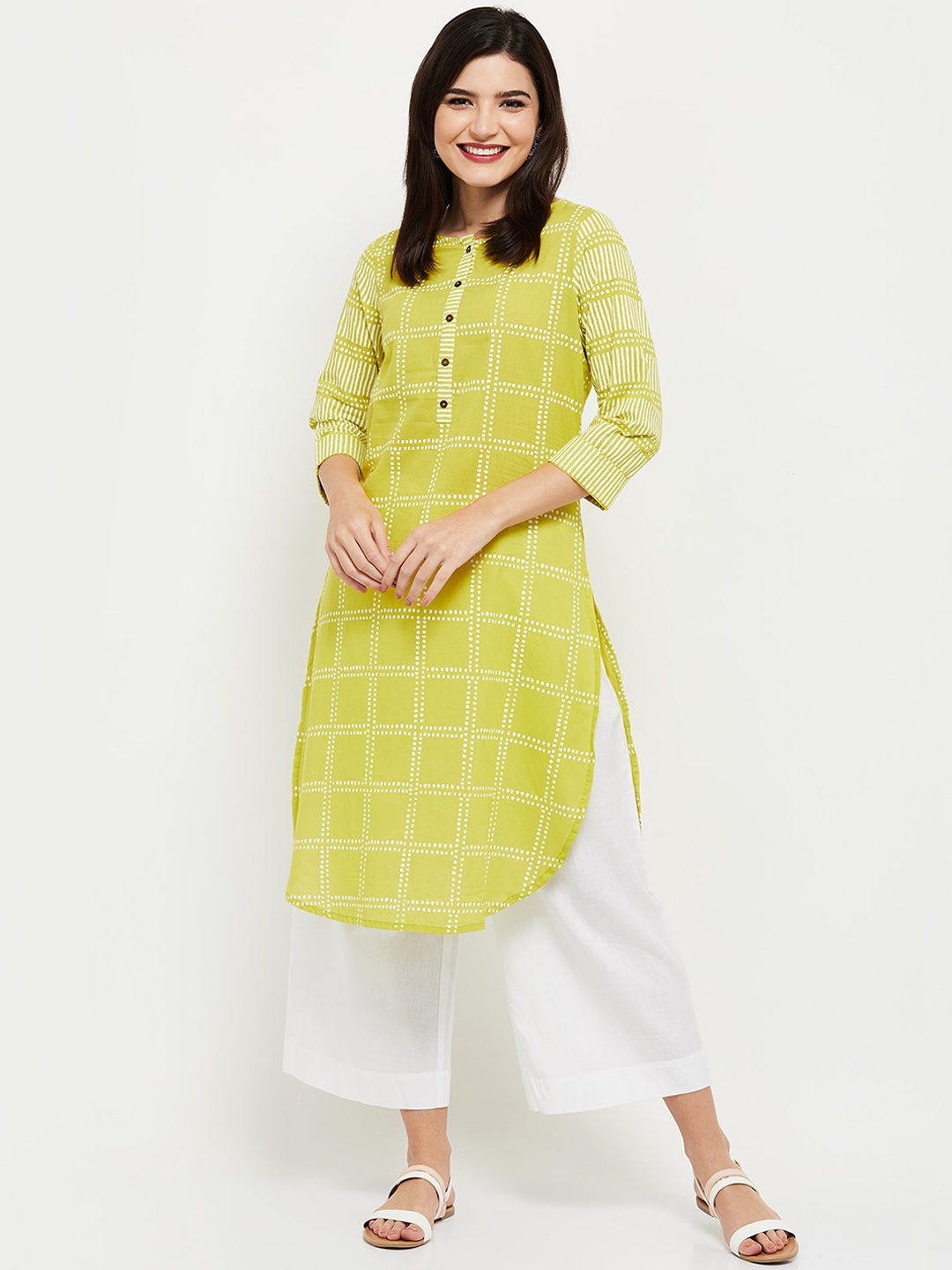 

max Women Lime Green Checked Cotton Thread Work Pathani Kurta