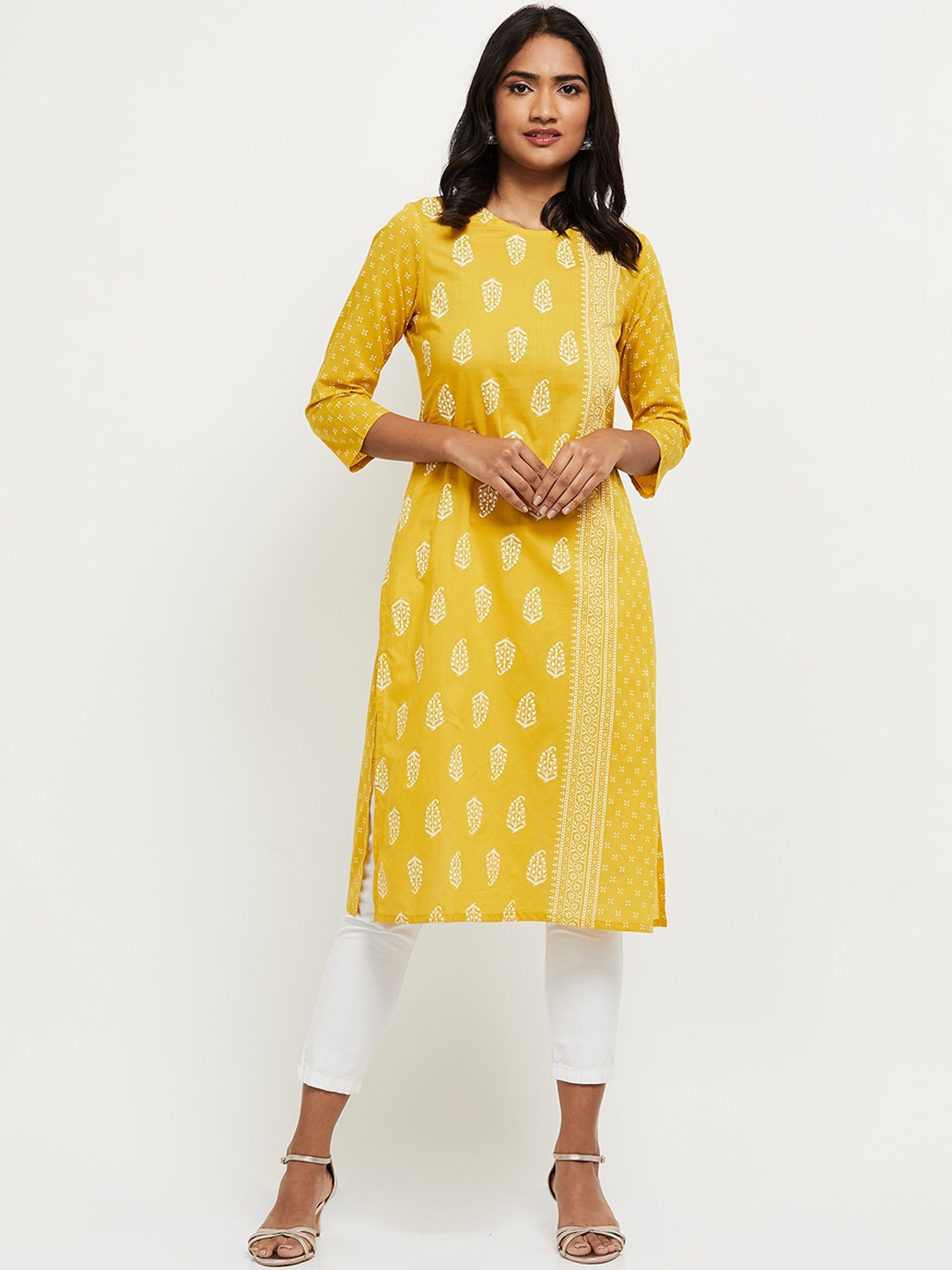 

max Women Mustard Yellow & White Ethnic Motifs Printed Kurta