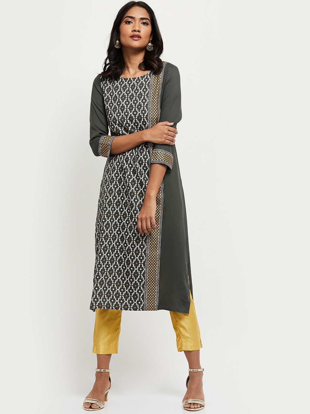 

max Women Grey Geometric Kurta