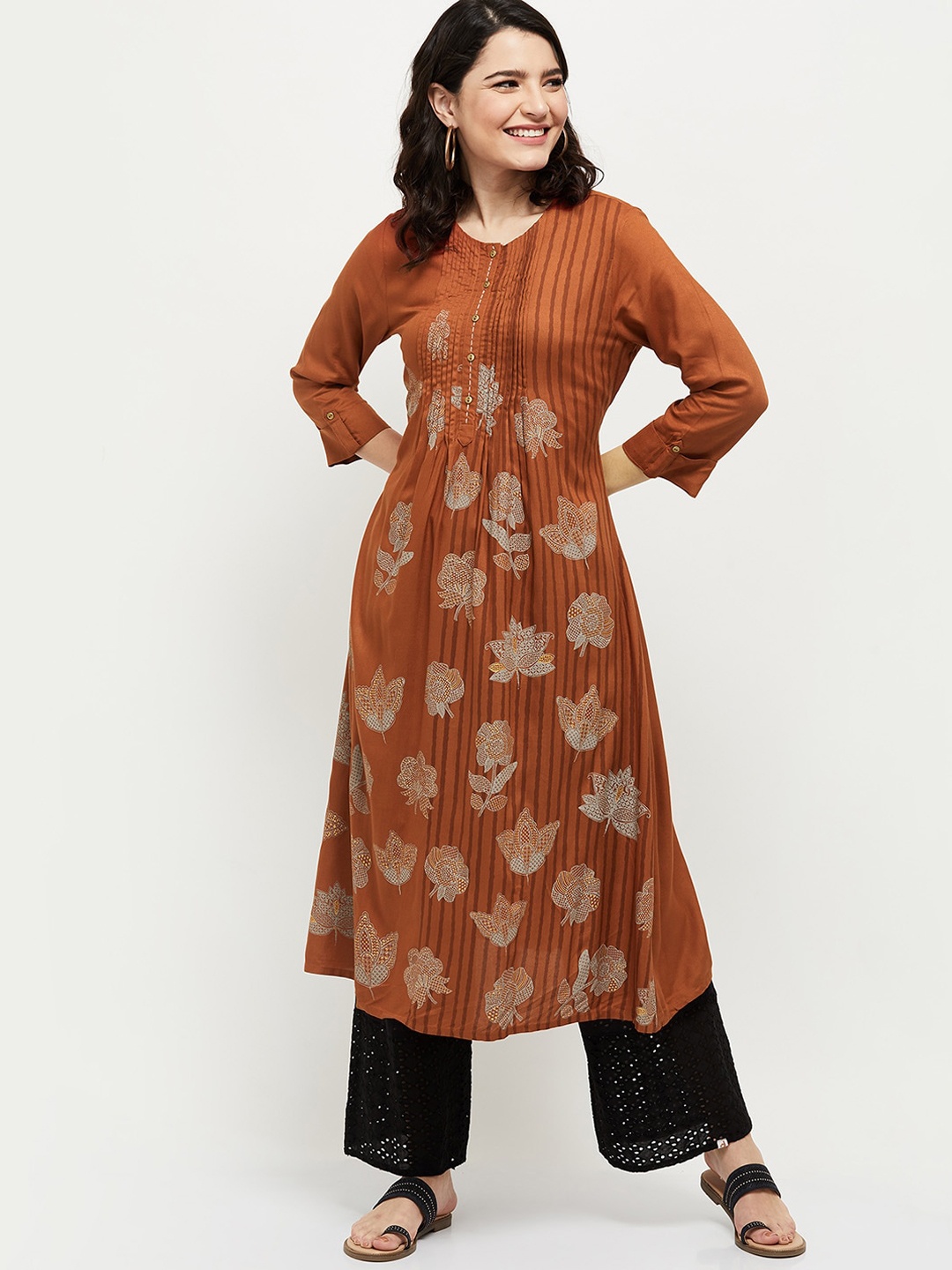 

max Women Rust Printed Thread Work Anarkali Kurta