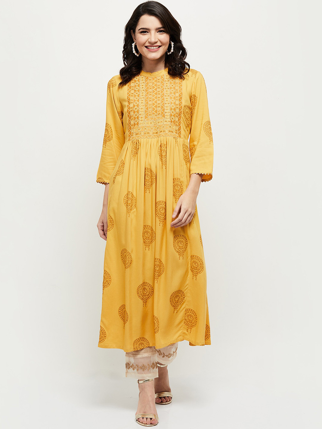 

max Women Mustard Yellow Ethnic Motifs Printed Anarkali Kurta