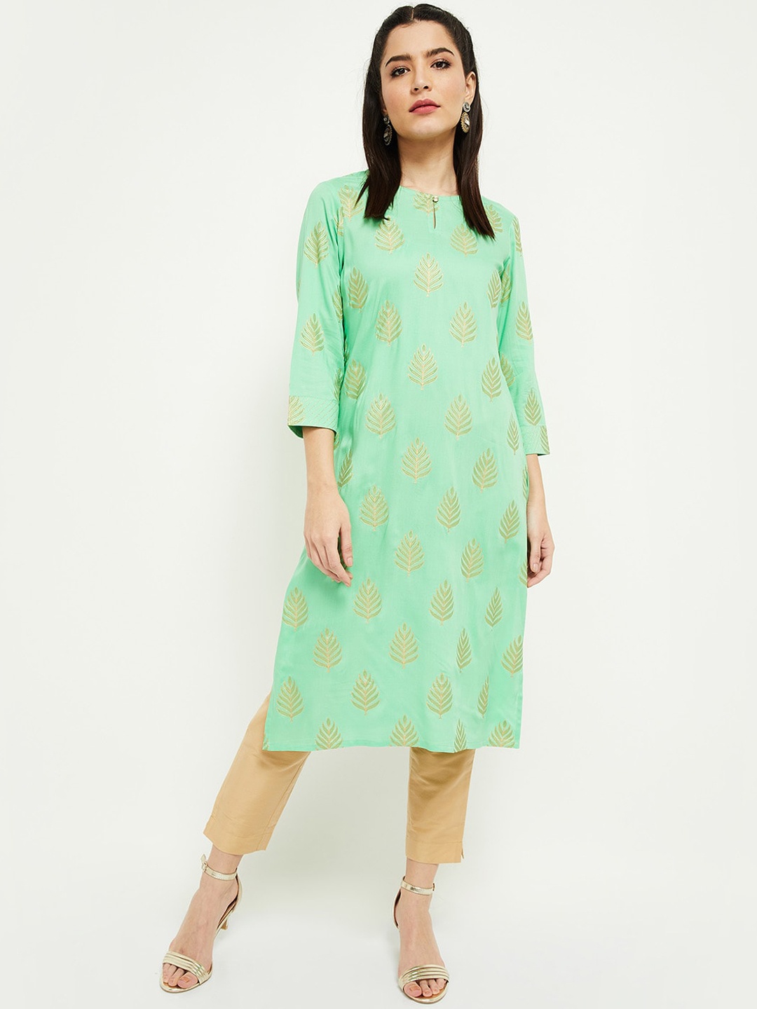 

max Women Green Ethnic Motifs Embroidered Flared Sleeves Gotta Patti Kurta