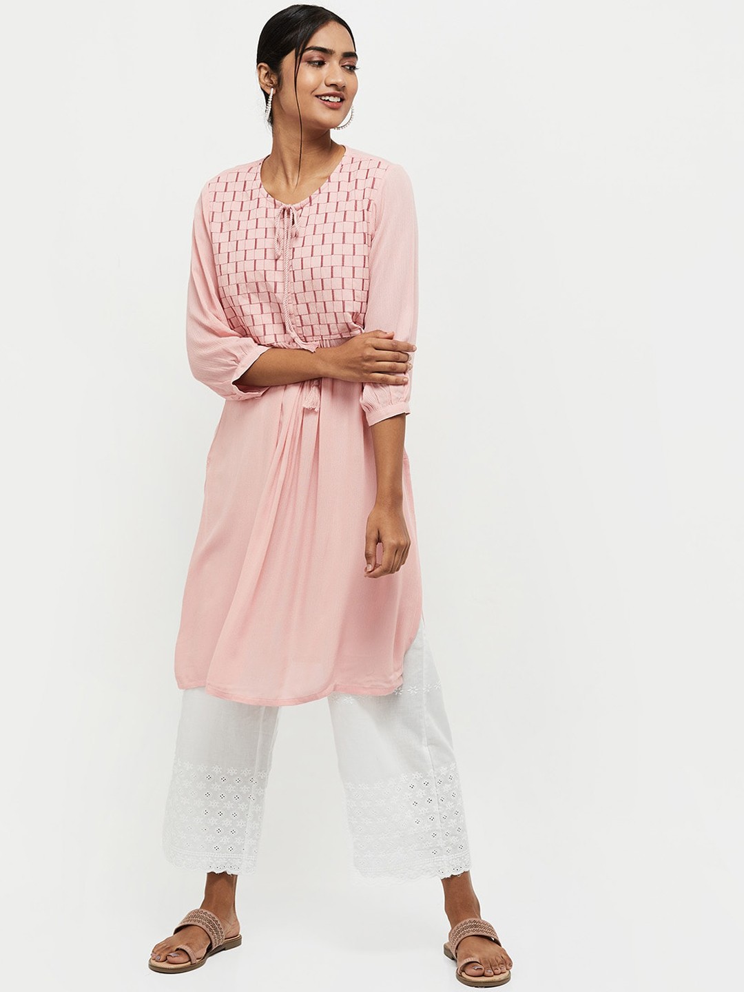 

max Women Pink Geometric Yoke Design Kurta