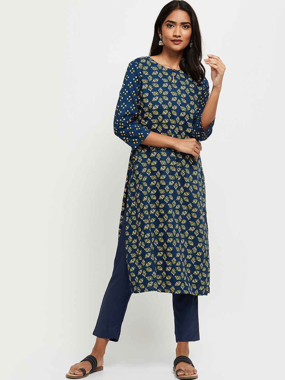 

max Women Blue Geometric Printed Flared Sleeves Mirror Work Kurta