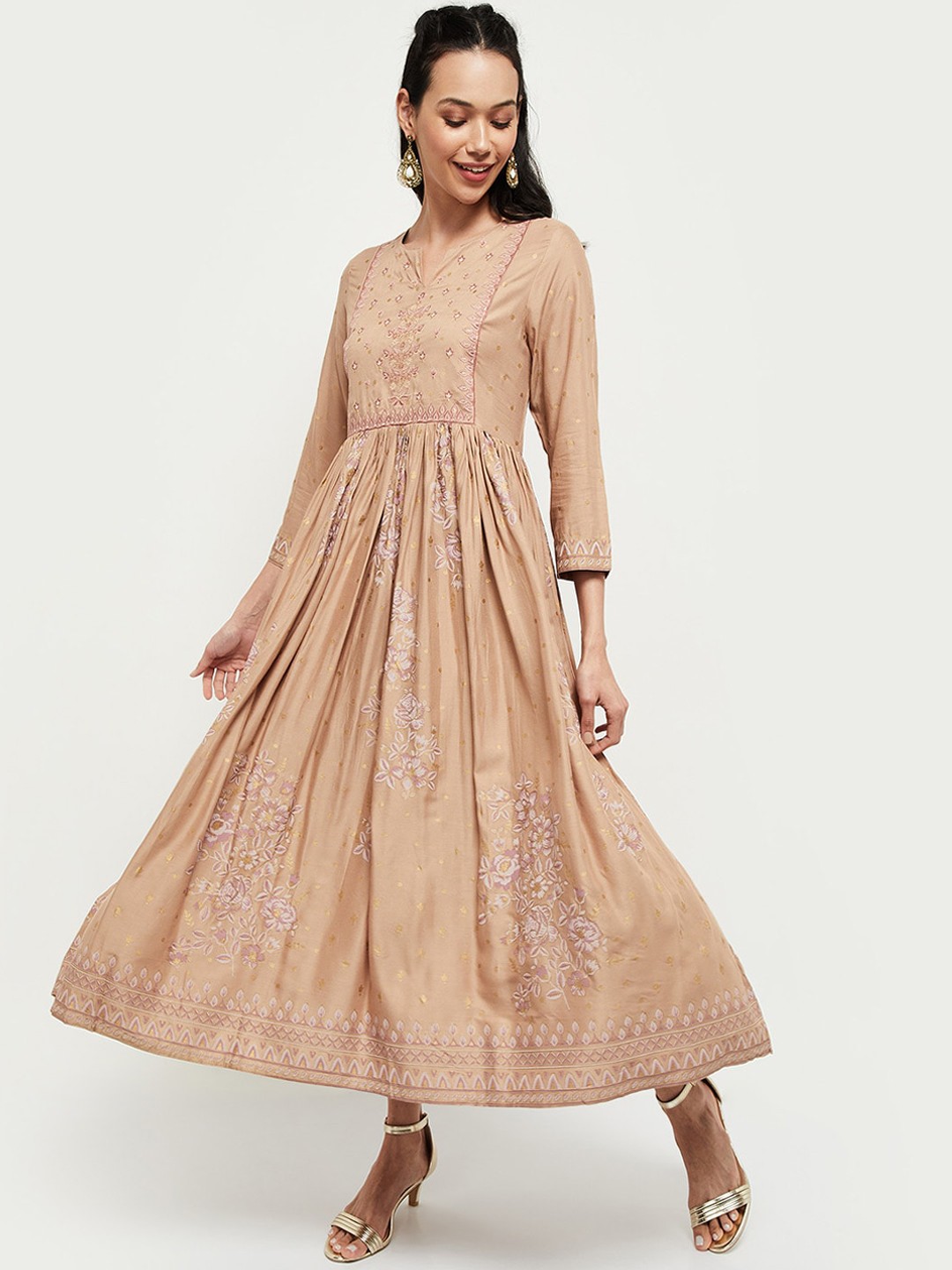 

max Women Beige Embroidered Flared Sleeves Mirror Work Anarkali Kurta