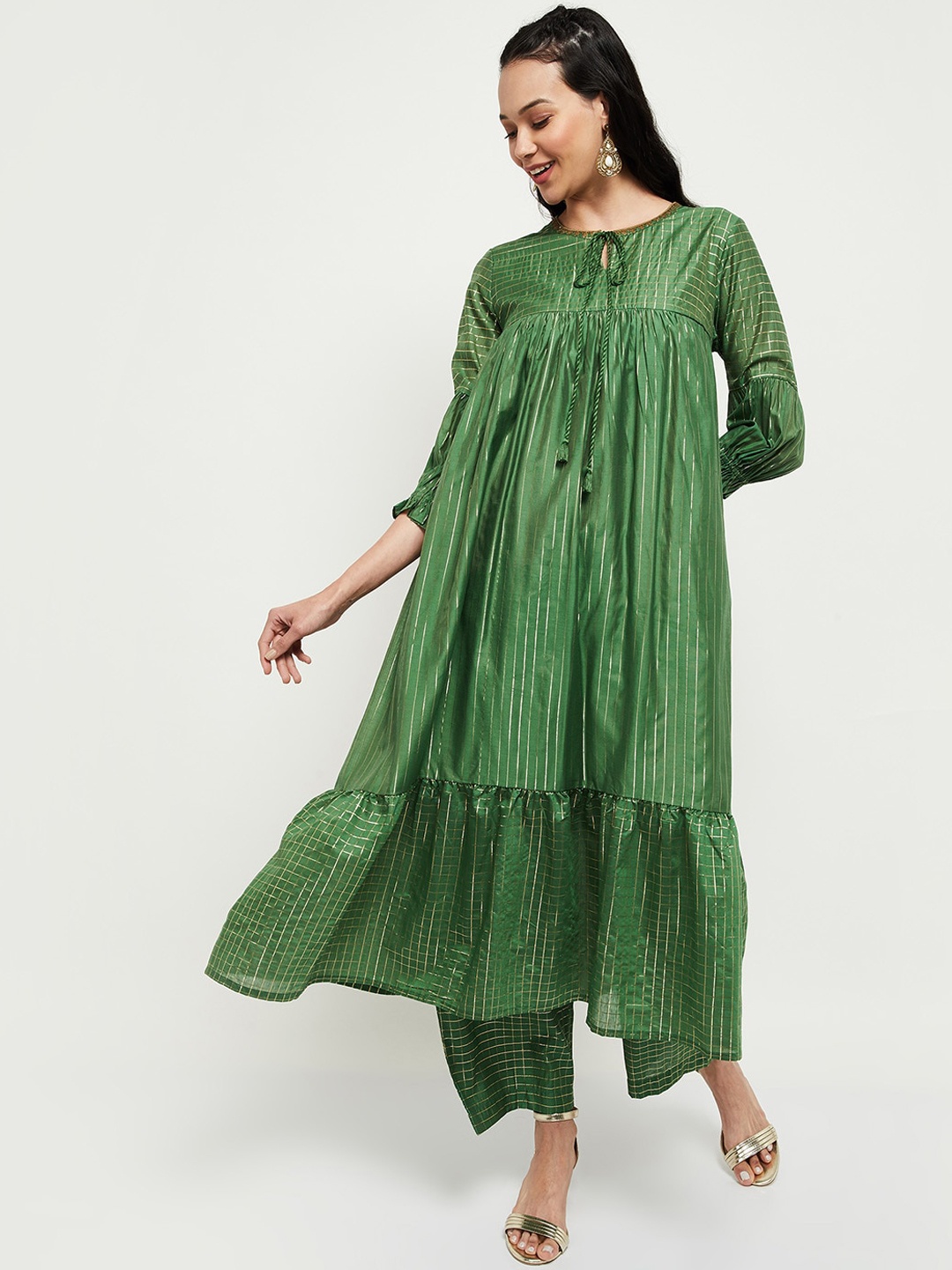 

max Women Green Striped Keyhole Neck Flared Sleeves Thread Work Anarkali Kurta