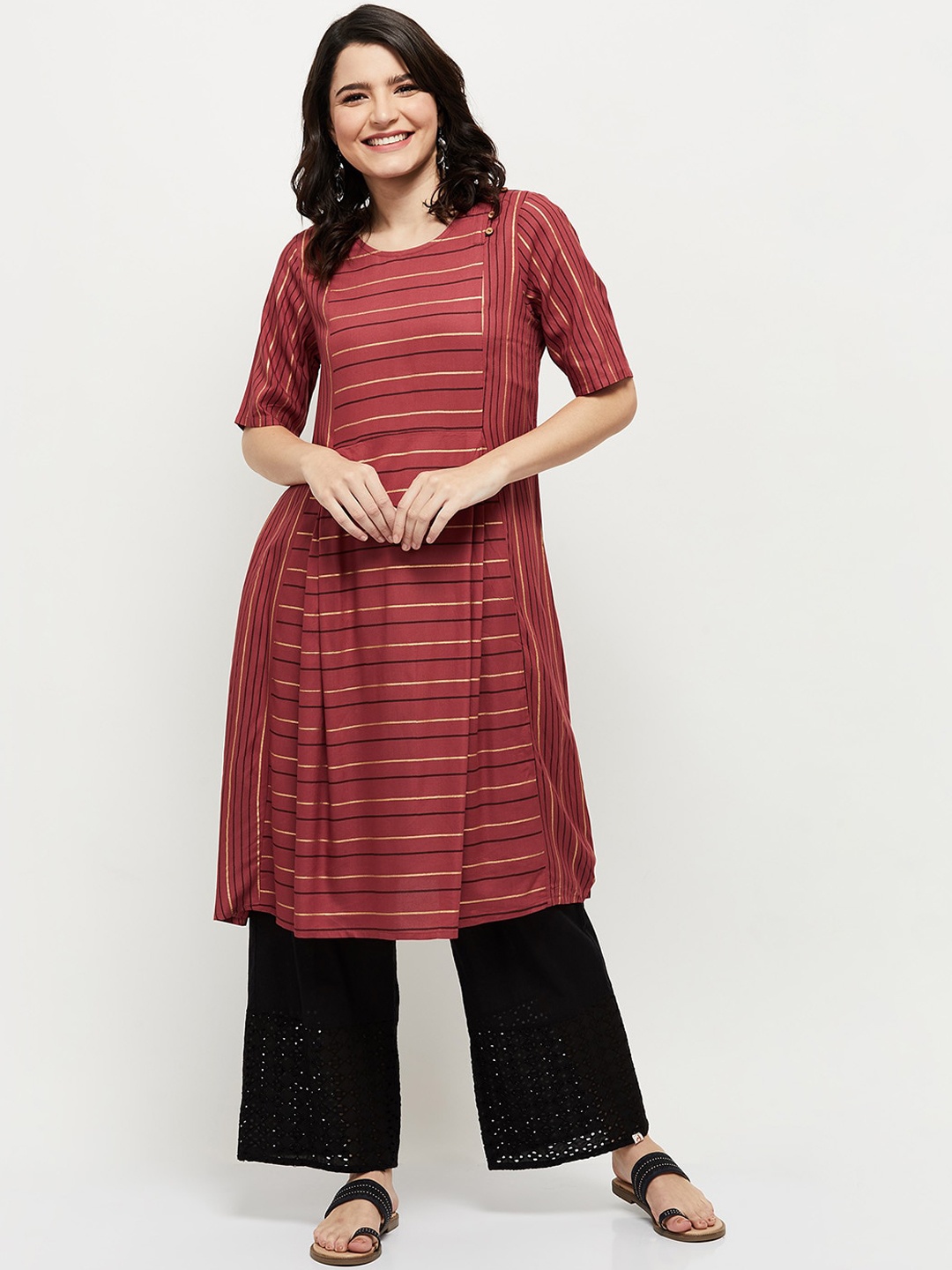 

max Women Red Striped Thread Work Kurta