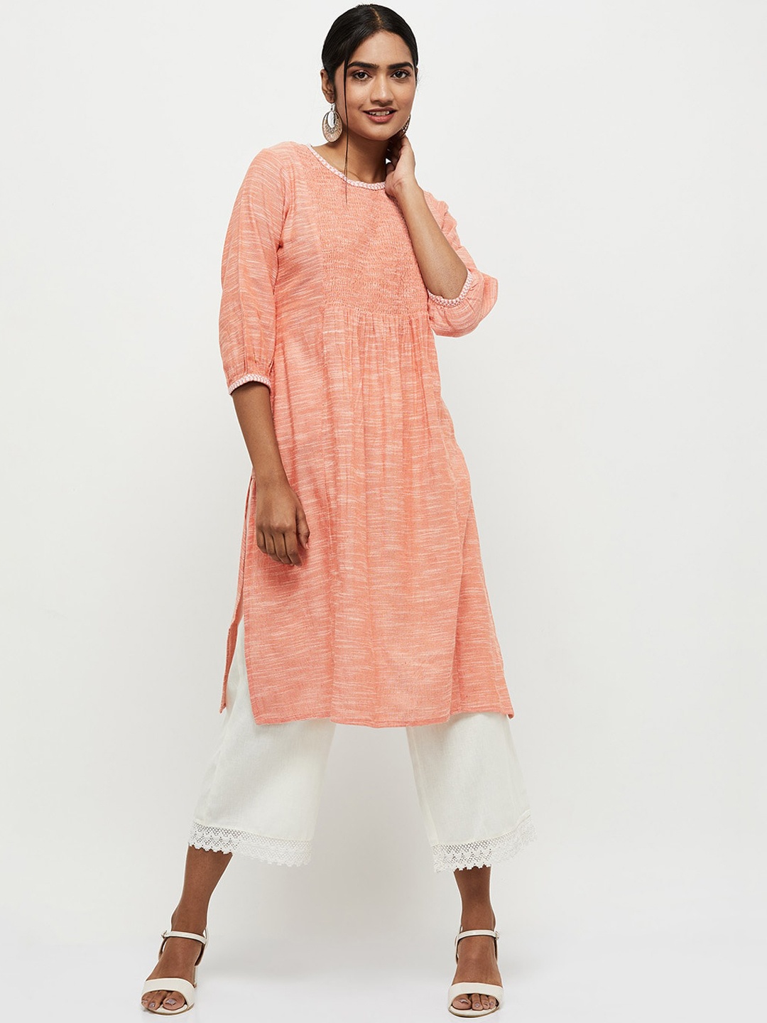 

max Women Peach-Coloured Striped Thread Work Kurta