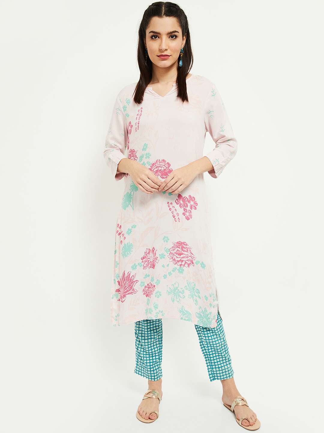 

max Women Pink Floral Printed Flared Sleeves Kurta