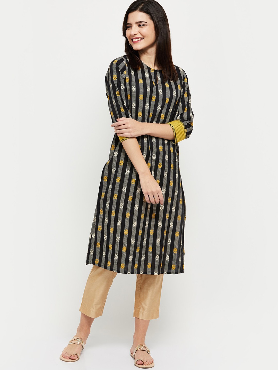 

max Women Black Striped Flared Sleeves Thread Work Kurta
