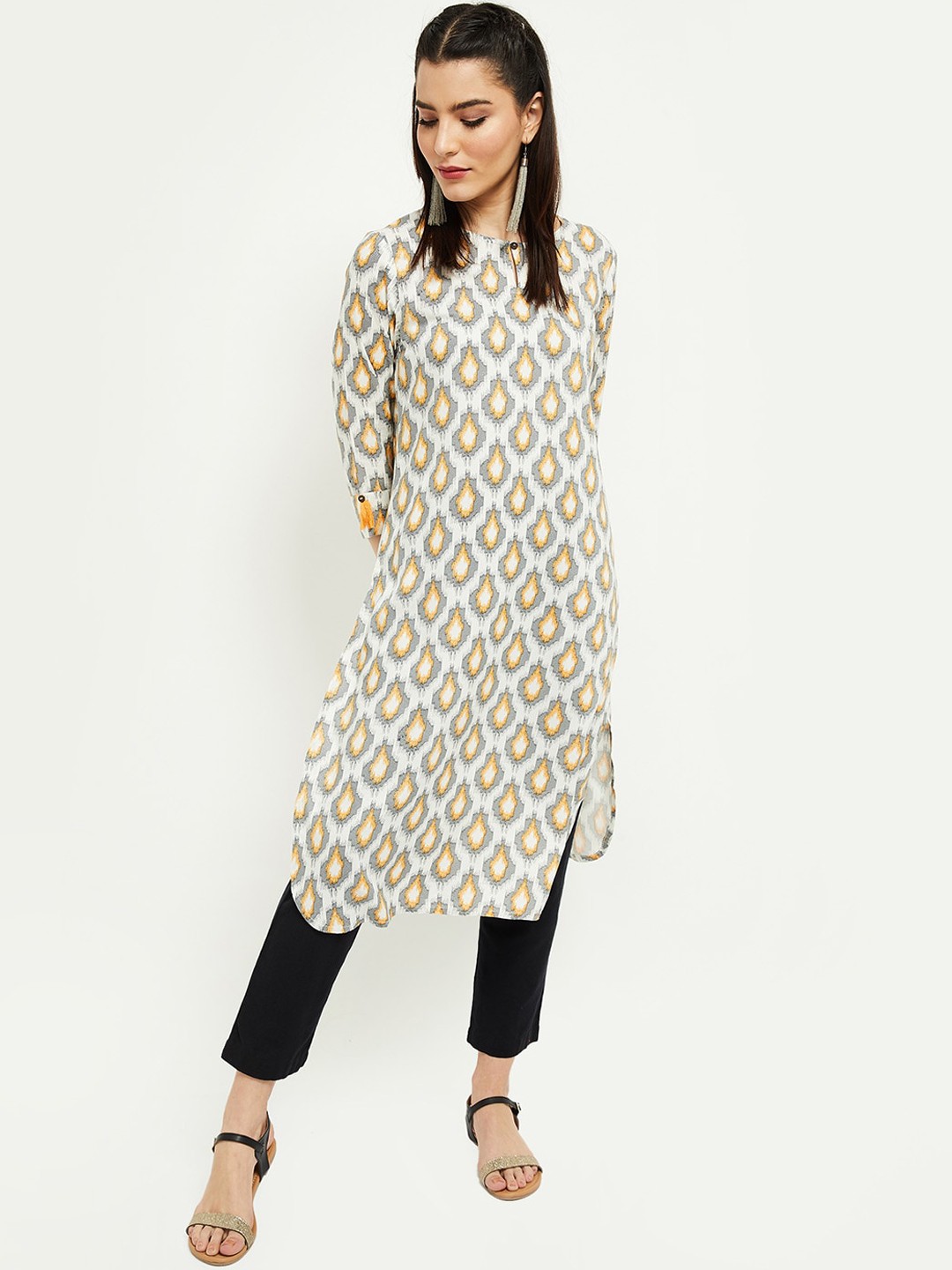 

max Women Grey Geometric Printed Thread Work Pathani Kurta