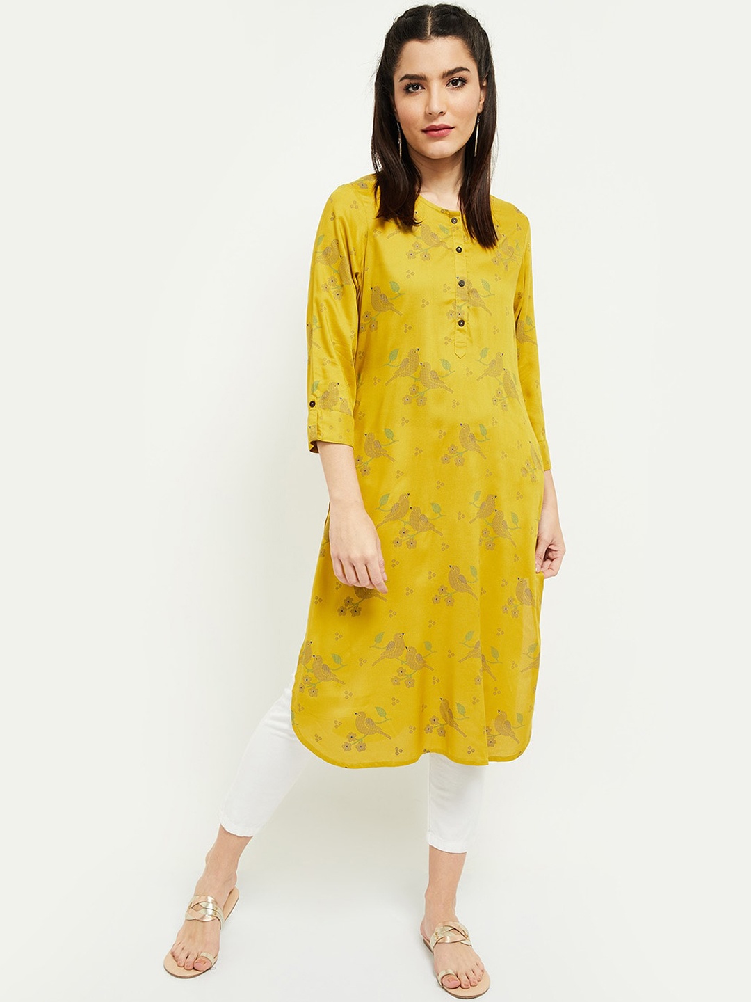 

max Women Mustard Yellow Geometric Striped Thread Work Pathani Kurta