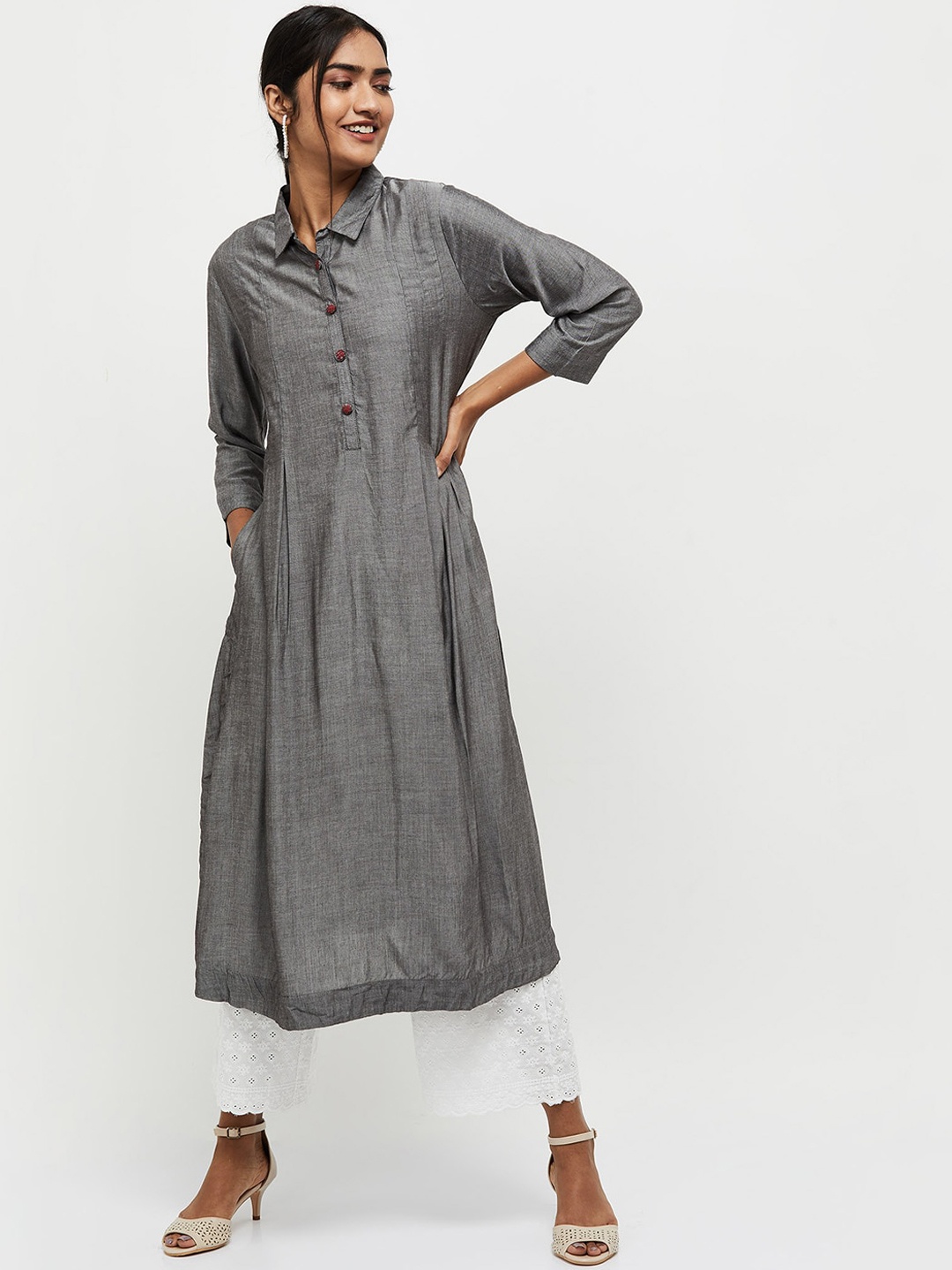 

max Women Grey Thread Work Pathani Kurta