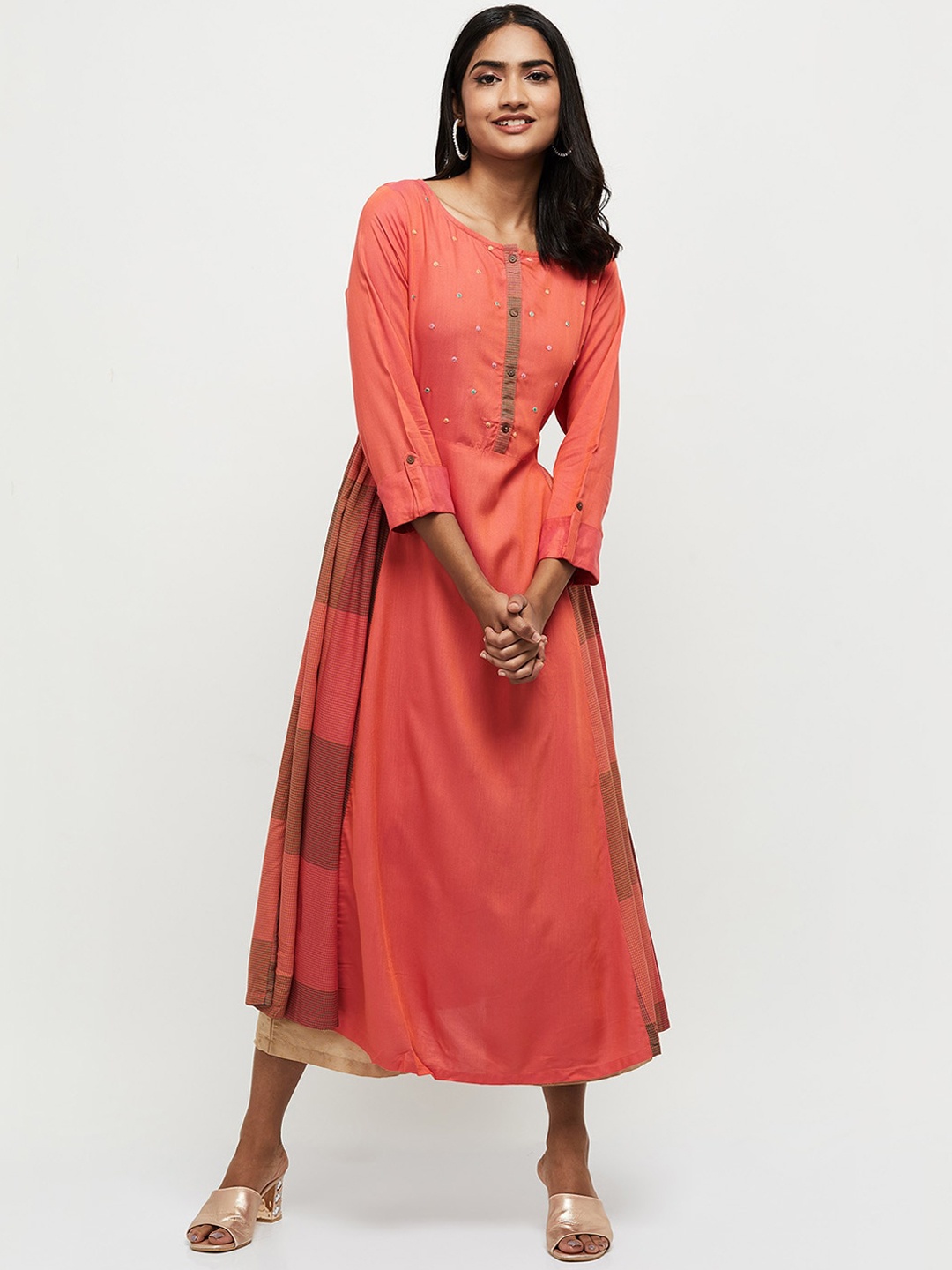 

max Women Orange Flared Sleeves Thread Work Anarkali Kurta
