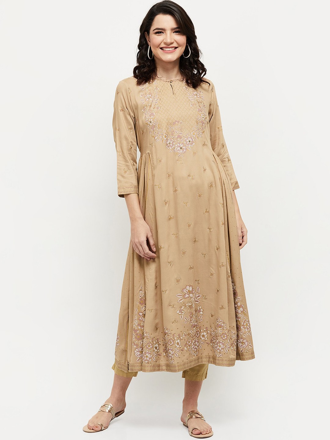 

max Women Beige Floral Embroidered Extended Sleeves Anarkali Kurta