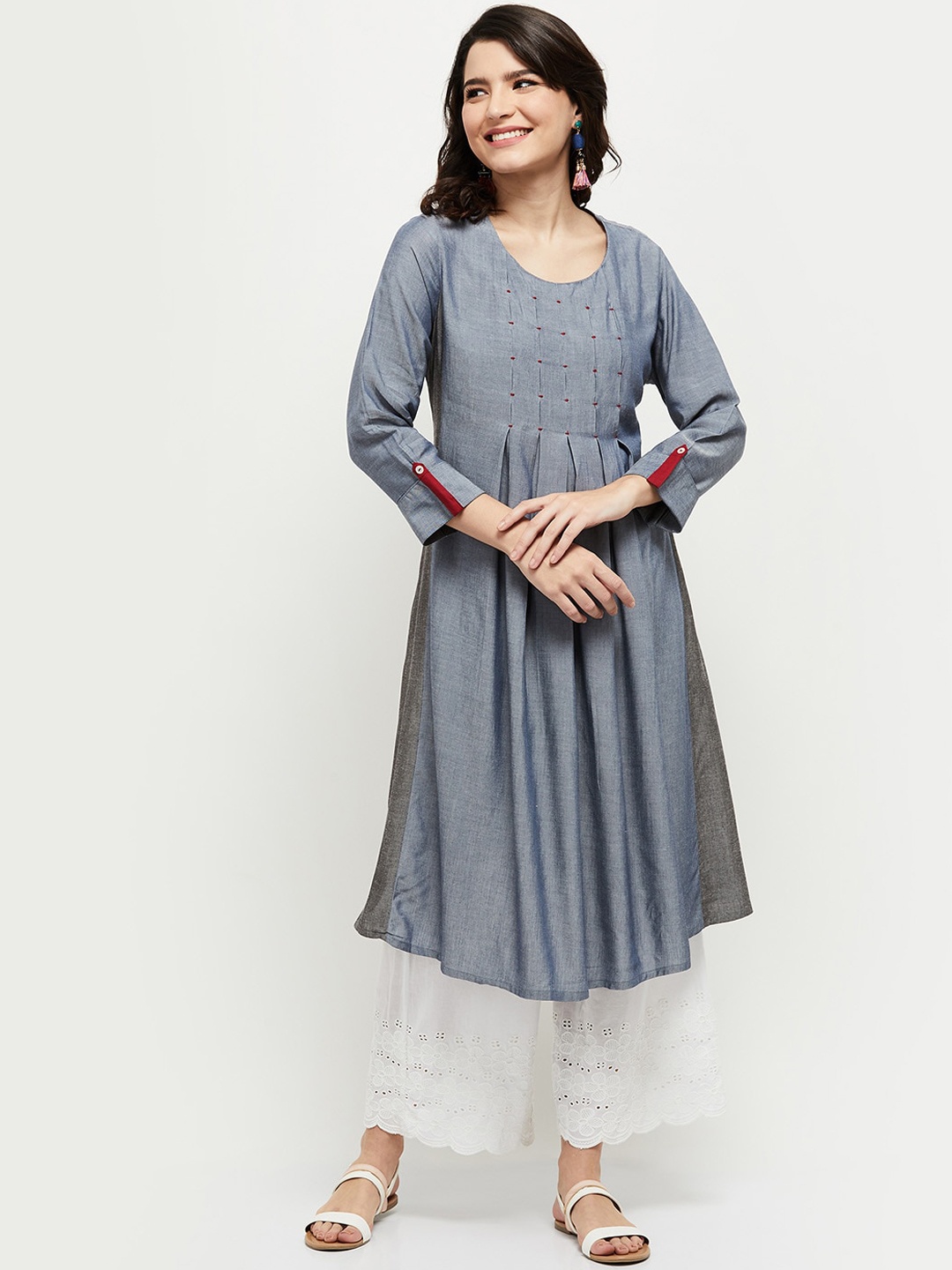 

max Women Blue Striped Flared Sleeves Chikankari Anarkali Kurta