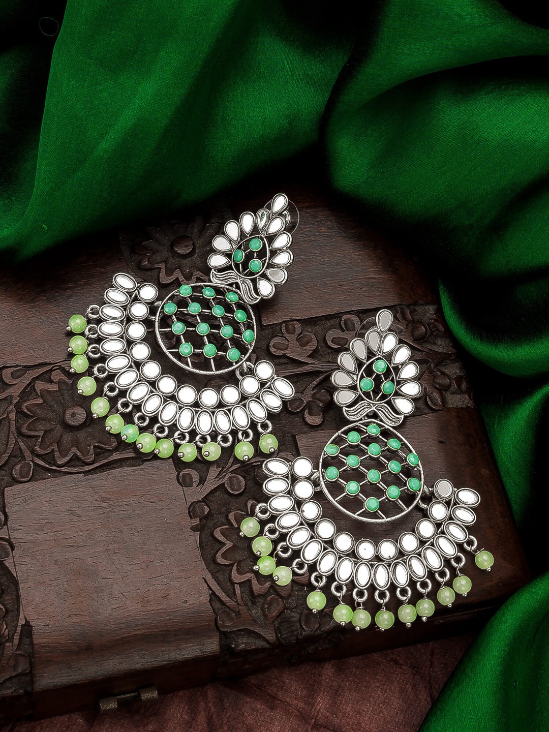 

aadita Silver-Toned & Green Contemporary Chandbalis Earrings