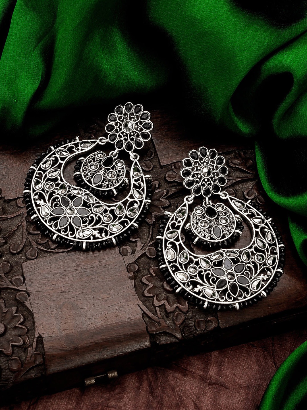 

aadita Silver-Toned & Black Classic Chandbalis Earrings