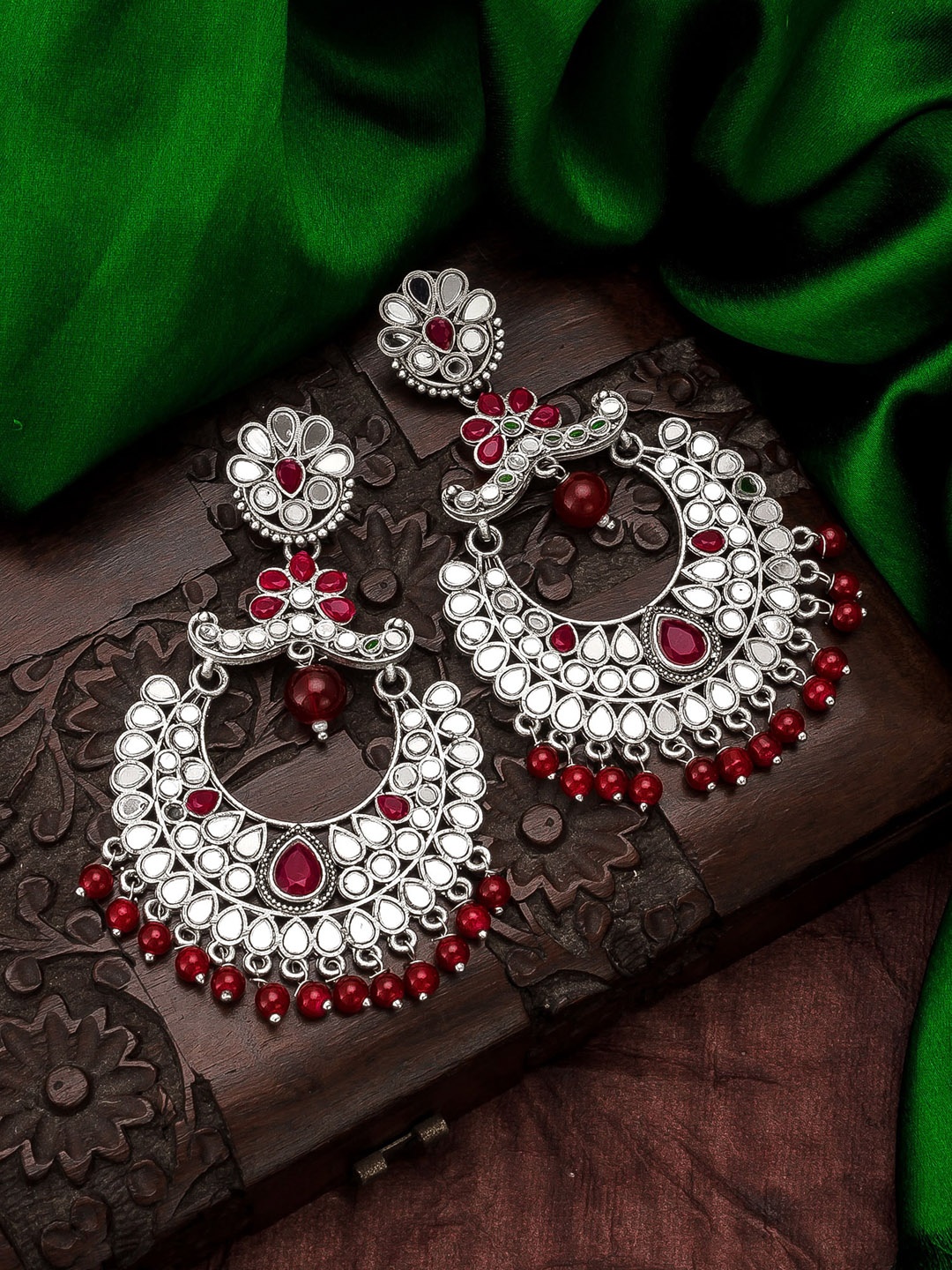 

aadita Silver-Toned & Red Classic Chandbalis Earrings