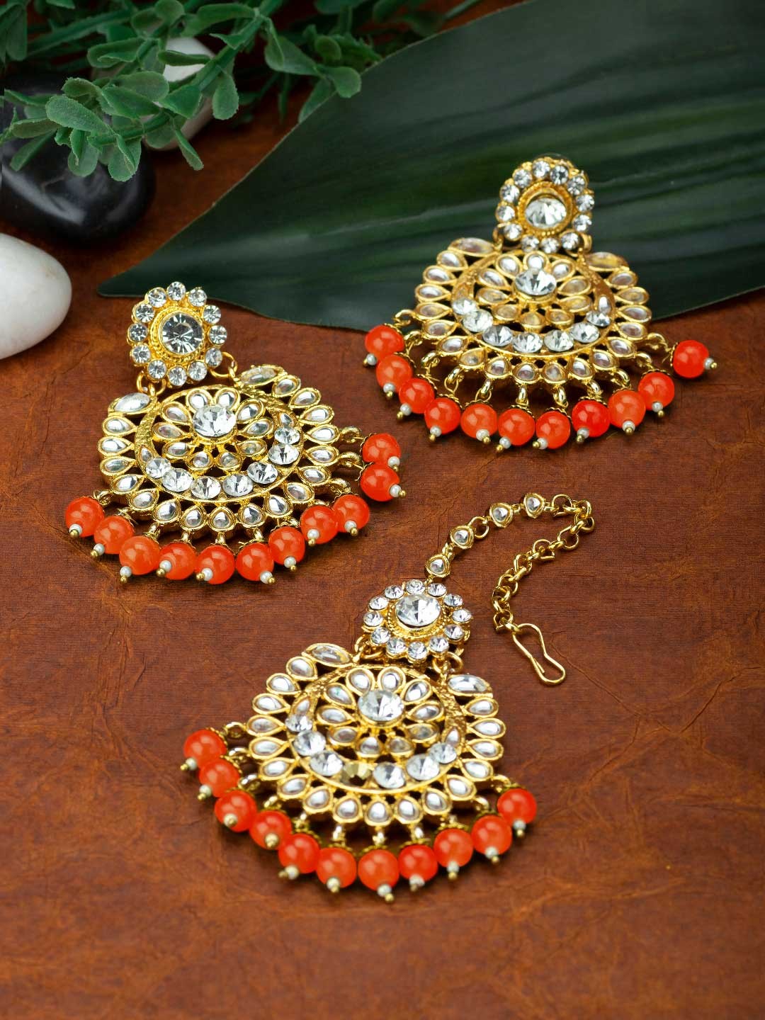 

Peora Women Orange Traditional 18K Gold-Plated Earrings & Maang Tika