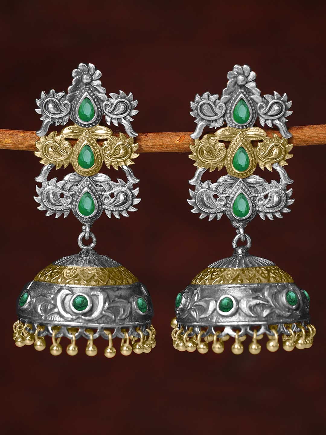 

Peora Women Silver-Toned & Green Contemporary Jhumkas Earrings